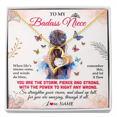 Forever Love Necklace 18K Yellow Gold Finish | 1 | Personalized To My Badass Niece Necklace From Aunt Auntie Uncle Floral Butterfly Niece Birthday Gifts Graduation Christmas Customized Gift Box Message Card | siriusteestore