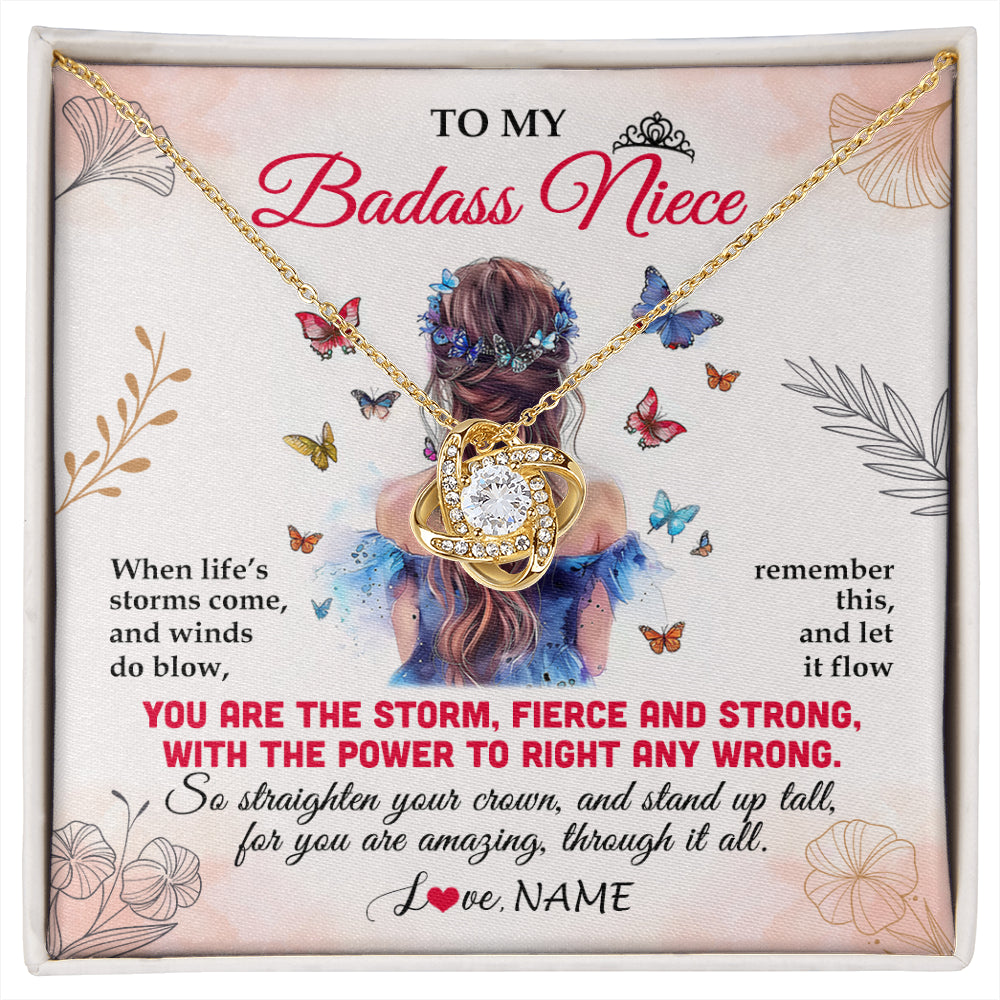 Love Knot Necklace 18K Yellow Gold Finish | 1 | Personalized To My Badass Niece Necklace From Aunt Auntie Uncle Floral Butterfly Niece Birthday Gifts Graduation Christmas Customized Gift Box Message Card | siriusteestore