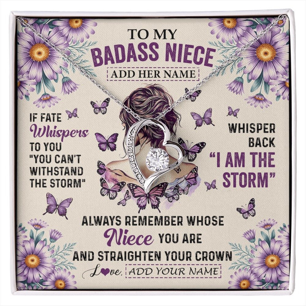 Forever Love Necklace 14K White Gold Finish | 1 | Personalized To My Badass Niece Necklace From Aunt Purple Butterfly I Am The Storm Niece Gifts Birthday Graduation Christmas Custom Gift Box Message Card | https://siriusteestore.