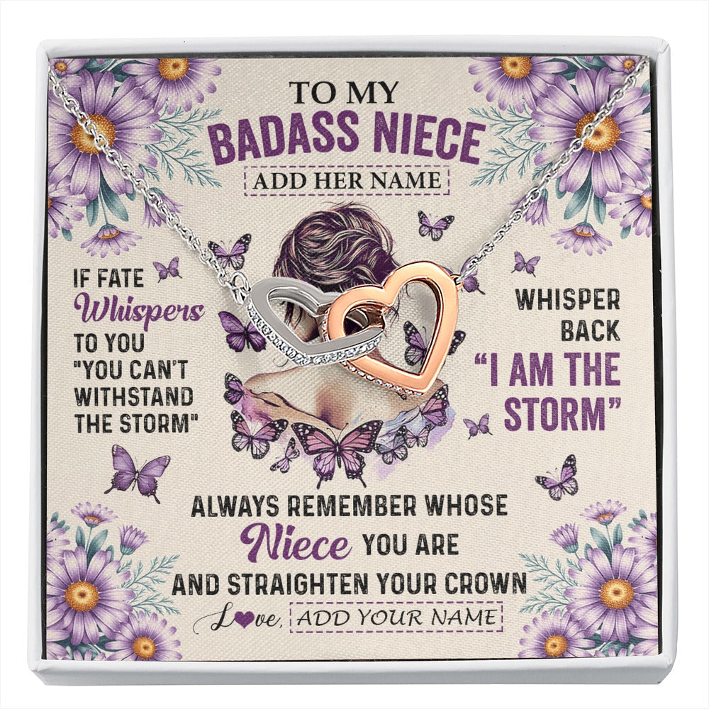 Interlocking Hearts Necklace Stainless Steel & Rose Gold Finish | 1 | Personalized To My Badass Niece Necklace From Aunt Purple Butterfly I Am The Storm Niece Gifts Birthday Graduation Christmas Custom Gift Box Message Card | https://siriusteestore.