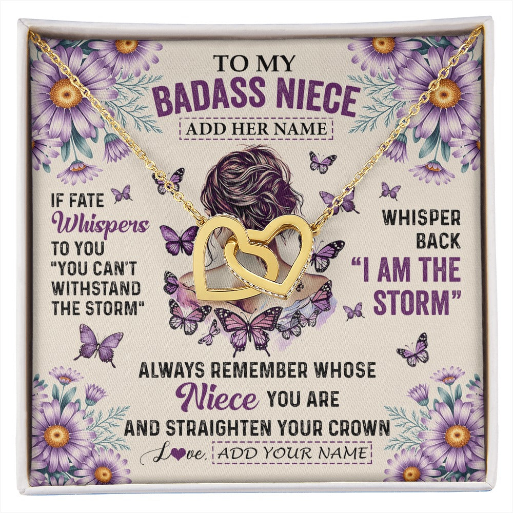 Interlocking Hearts Necklace 18K Yellow Gold Finish | 1 | Personalized To My Badass Niece Necklace From Aunt Purple Butterfly I Am The Storm Niece Gifts Birthday Graduation Christmas Custom Gift Box Message Card | https://siriusteestore.