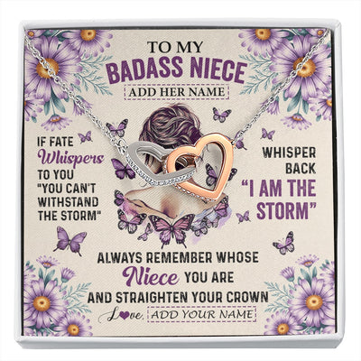 Interlocking Hearts Necklace Stainless Steel & Rose Gold Finish | 1 | Personalized To My Badass Niece Necklace From Aunt Purple Butterfly I Am The Storm Niece Gifts Birthday Graduation Christmas Custom Gift Box Message Card | https://siriusteestore.