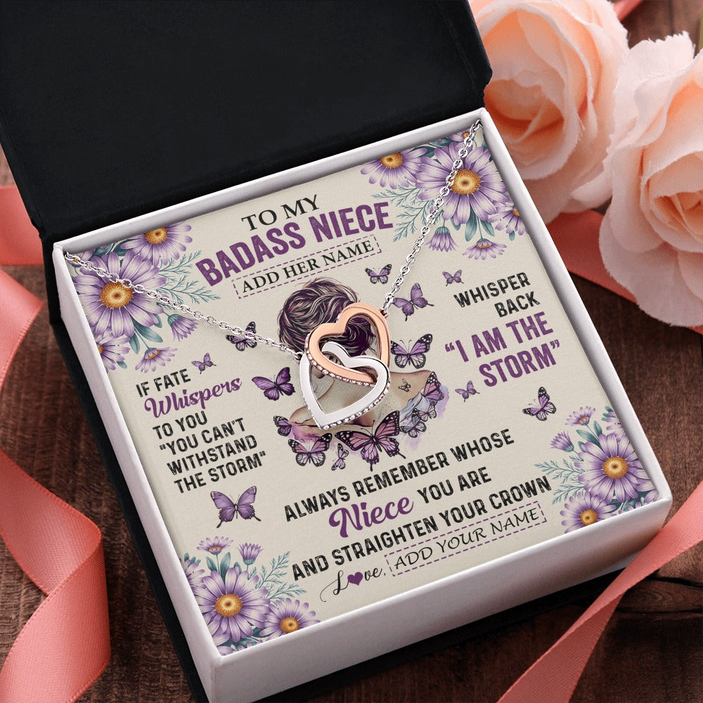 Interlocking Hearts Necklace Stainless Steel & Rose Gold Finish | 2 | Personalized To My Badass Niece Necklace From Aunt Purple Butterfly I Am The Storm Niece Gifts Birthday Graduation Christmas Custom Gift Box Message Card | https://siriusteestore.