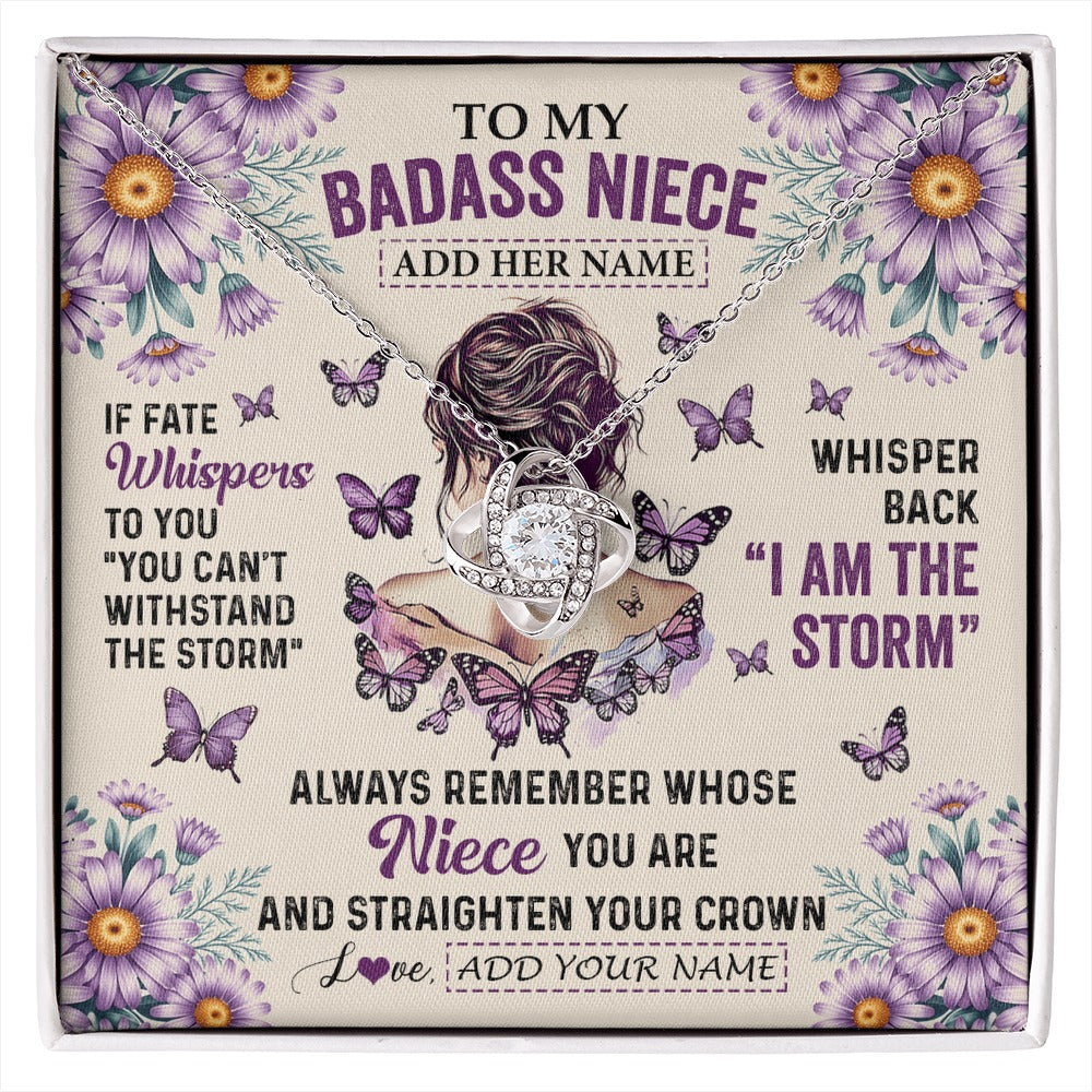 Love Knot Necklace 14K White Gold Finish | 1 | Personalized To My Badass Niece Necklace From Aunt Purple Butterfly I Am The Storm Niece Gifts Birthday Graduation Christmas Custom Gift Box Message Card | https://siriusteestore.