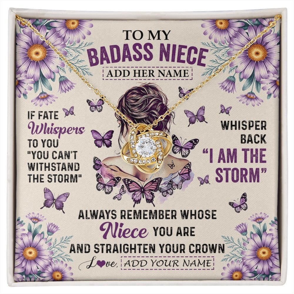 Love Knot Necklace 18K Yellow Gold Finish | 1 | Personalized To My Badass Niece Necklace From Aunt Purple Butterfly I Am The Storm Niece Gifts Birthday Graduation Christmas Custom Gift Box Message Card | https://siriusteestore.