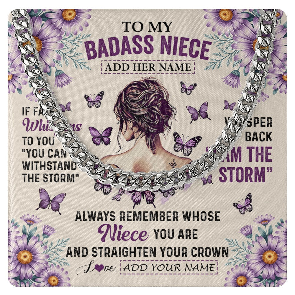 Cuban Link Chain Necklace Stainless Steel | 1 | Personalized To My Badass Niece Necklace From Aunt Purple Butterfly I Am The Storm Niece Gifts Birthday Graduation Christmas Custom Gift Box Message Card Shirt & Hoodie | https://siriusteestore.