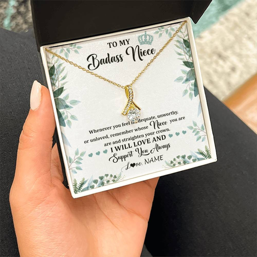 Alluring Beauty Necklace 18K Yellow Gold Finish | 2 | Personalized To My Badass Niece Necklace From Aunt Uncle Straighten Your Crown Niece Birthday Jewelry Graduation Christmas Customized Gift Box Message Card | siriusteestore