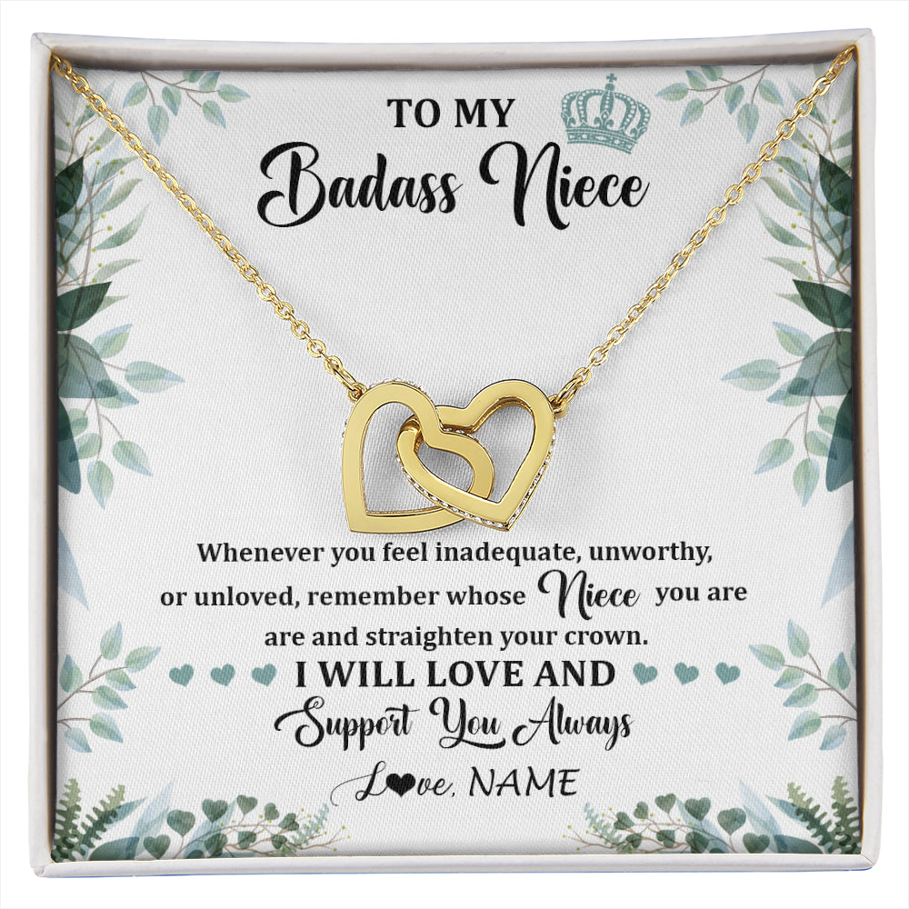 Interlocking Hearts Necklace 18K Yellow Gold Finish | 1 | Personalized To My Badass Niece Necklace From Aunt Uncle Straighten Your Crown Niece Birthday Jewelry Graduation Christmas Customized Gift Box Message Card | siriusteestore