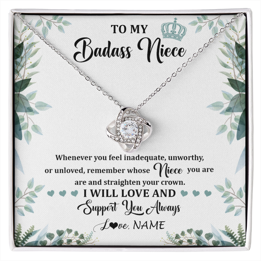 Love Knot Necklace 14K White Gold Finish | 1 | Personalized To My Badass Niece Necklace From Aunt Uncle Straighten Your Crown Niece Birthday Jewelry Graduation Christmas Customized Gift Box Message Card | siriusteestore