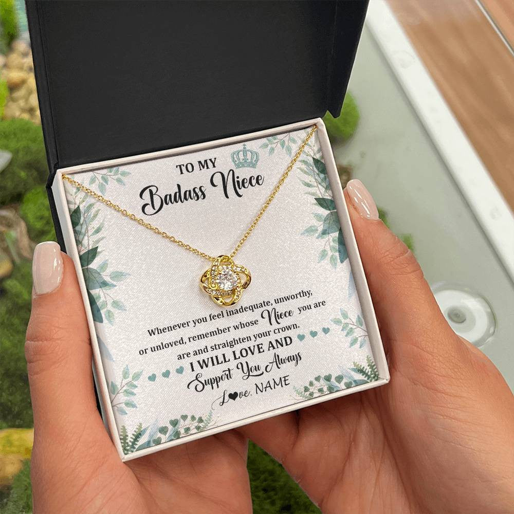 Love Knot Necklace 18K Yellow Gold Finish | 2 | Personalized To My Badass Niece Necklace From Aunt Uncle Straighten Your Crown Niece Birthday Jewelry Graduation Christmas Customized Gift Box Message Card | siriusteestore
