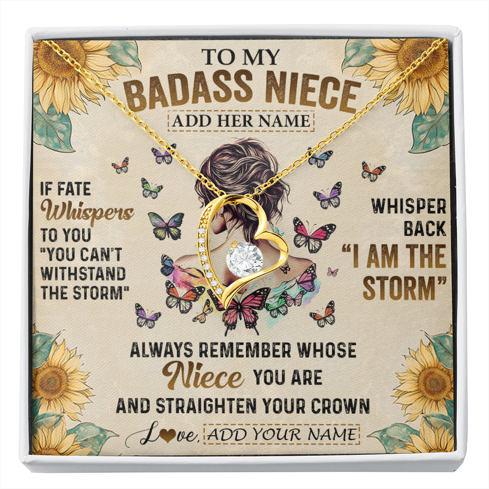 Forever Love Necklace 18K Yellow Gold Finish | 1 | Personalized To My Badass Niece Necklace From Uncle Aunt Auntie I Am The Storm Niece Gifts Birthday Graduation Christmas Customized Gift Box Message Card | siriusteestore