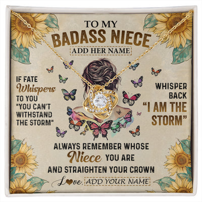 Love Knot Necklace 18K Yellow Gold Finish | 1 | Personalized To My Badass Niece Necklace From Uncle Aunt Auntie I Am The Storm Niece Gifts Birthday Graduation Christmas Customized Gift Box Message Card | siriusteestore