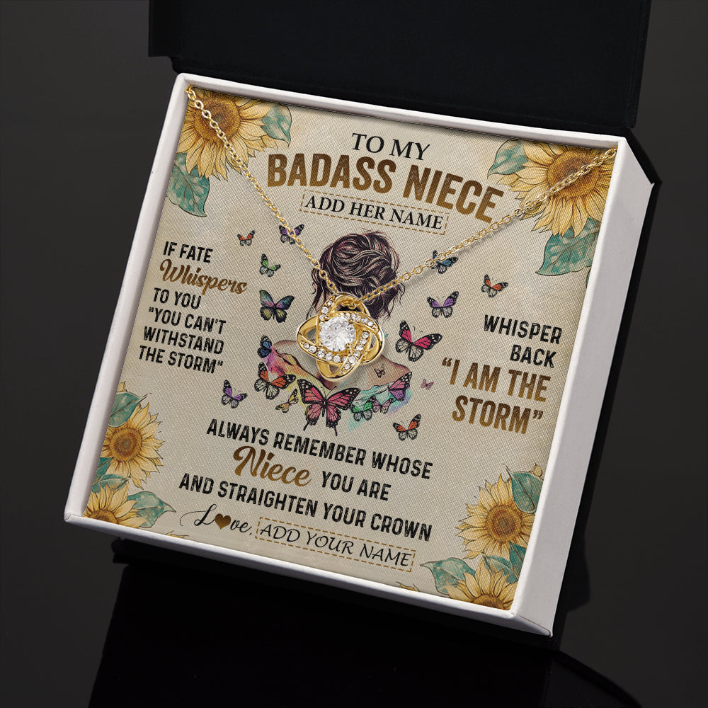 Love Knot Necklace 18K Yellow Gold Finish | 2 | Personalized To My Badass Niece Necklace From Uncle Aunt Auntie I Am The Storm Niece Gifts Birthday Graduation Christmas Customized Gift Box Message Card | siriusteestore