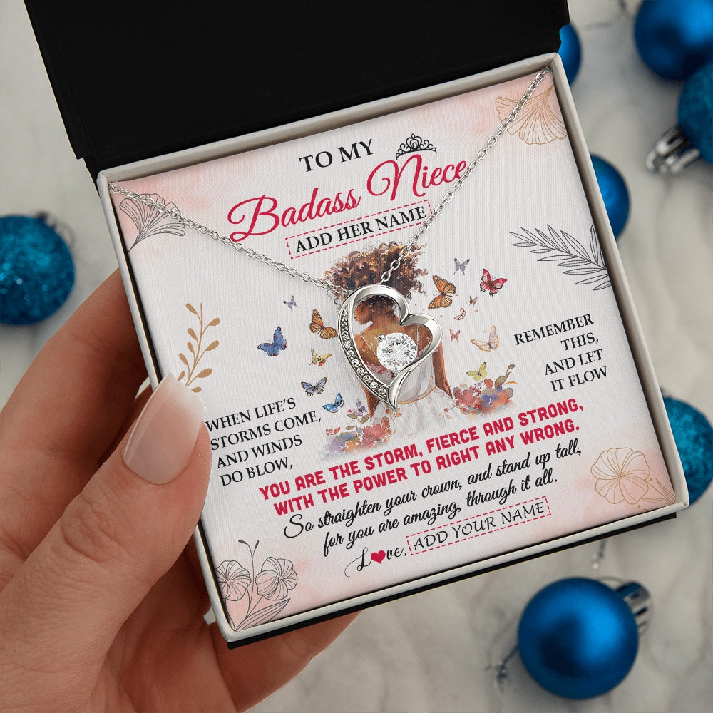 Forever Love Necklace 14K White Gold Finish | 2 | Personalized To My Badass Niece Necklace From Uncle Aunt Floral Butterfly African Afro Niece Birthday Gifts Graduation Christmas Custom Gift Box Message Card | https://siriusteestore.