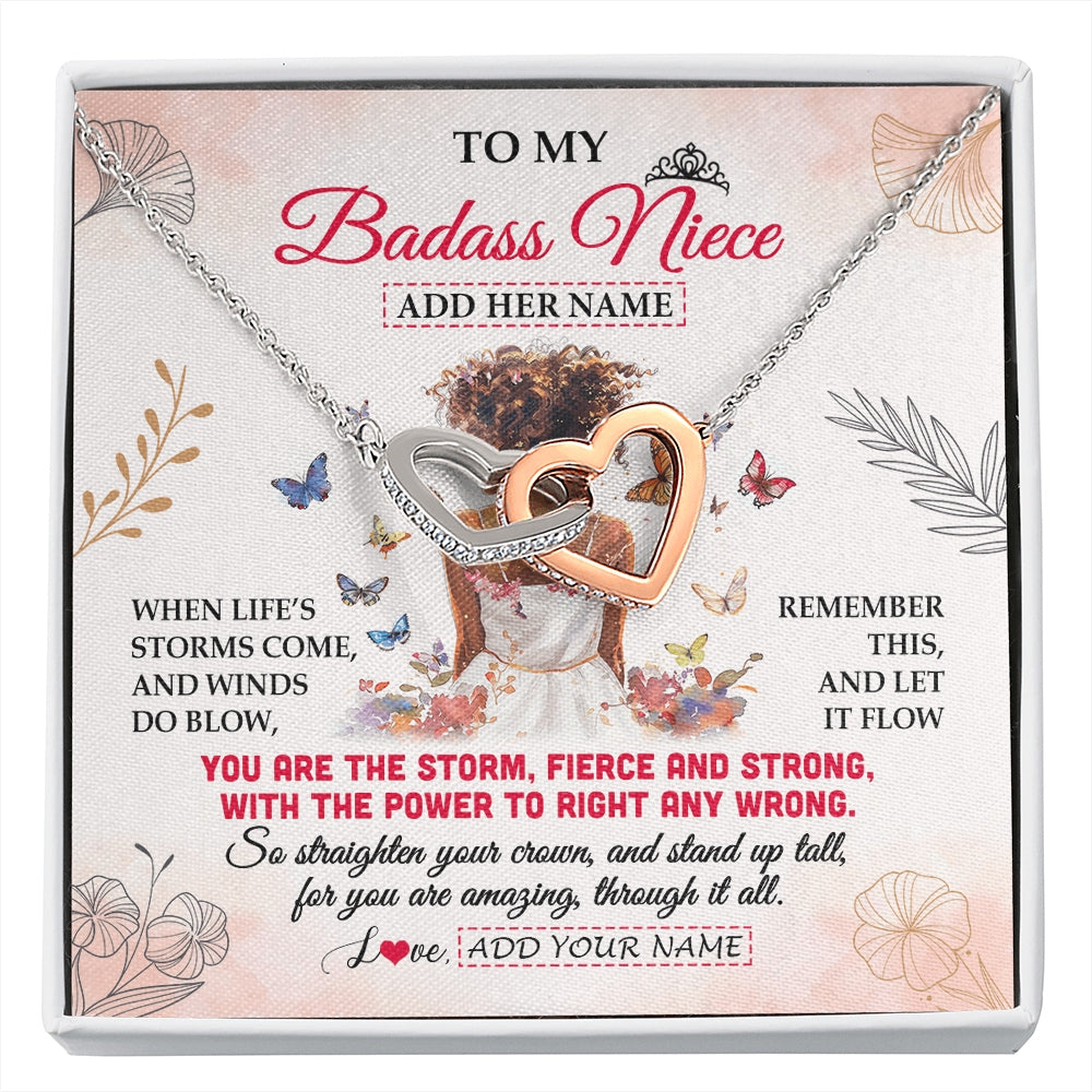 Interlocking Hearts Necklace Stainless Steel & Rose Gold Finish | 1 | Personalized To My Badass Niece Necklace From Uncle Aunt Floral Butterfly African Afro Niece Birthday Gifts Graduation Christmas Custom Gift Box Message Card | https://siriusteestore.