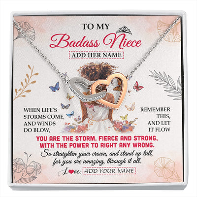 Interlocking Hearts Necklace Stainless Steel & Rose Gold Finish | 1 | Personalized To My Badass Niece Necklace From Uncle Aunt Floral Butterfly African Afro Niece Birthday Gifts Graduation Christmas Custom Gift Box Message Card | https://siriusteestore.