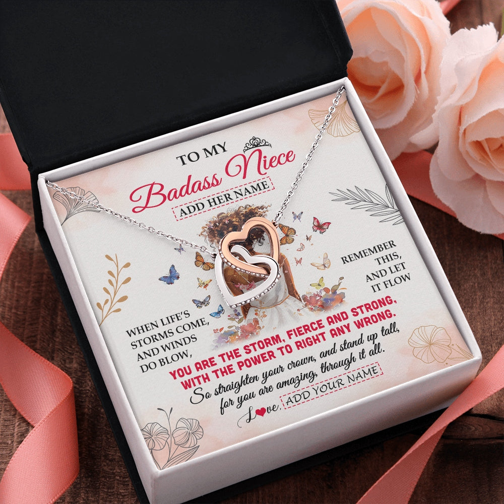 Interlocking Hearts Necklace Stainless Steel & Rose Gold Finish | 2 | Personalized To My Badass Niece Necklace From Uncle Aunt Floral Butterfly African Afro Niece Birthday Gifts Graduation Christmas Custom Gift Box Message Card | https://siriusteestore.