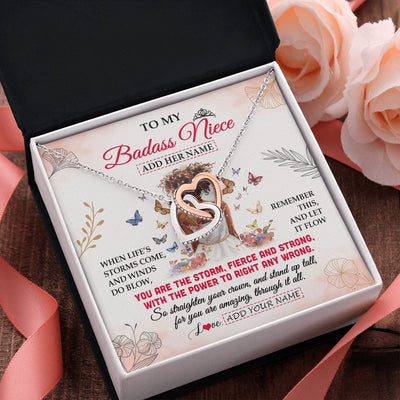 Interlocking Hearts Necklace Stainless Steel & Rose Gold Finish | 2 | Personalized To My Badass Niece Necklace From Uncle Aunt Floral Butterfly African Afro Niece Birthday Gifts Graduation Christmas Custom Gift Box Message Card | https://siriusteestore.