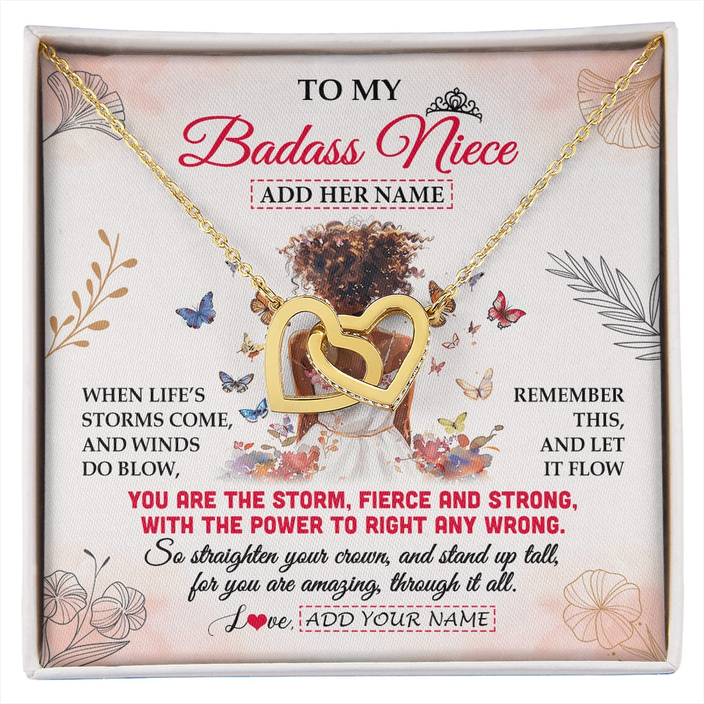 Interlocking Hearts Necklace 18K Yellow Gold Finish | 1 | Personalized To My Badass Niece Necklace From Uncle Aunt Floral Butterfly African Afro Niece Birthday Gifts Graduation Christmas Custom Gift Box Message Card | https://siriusteestore.