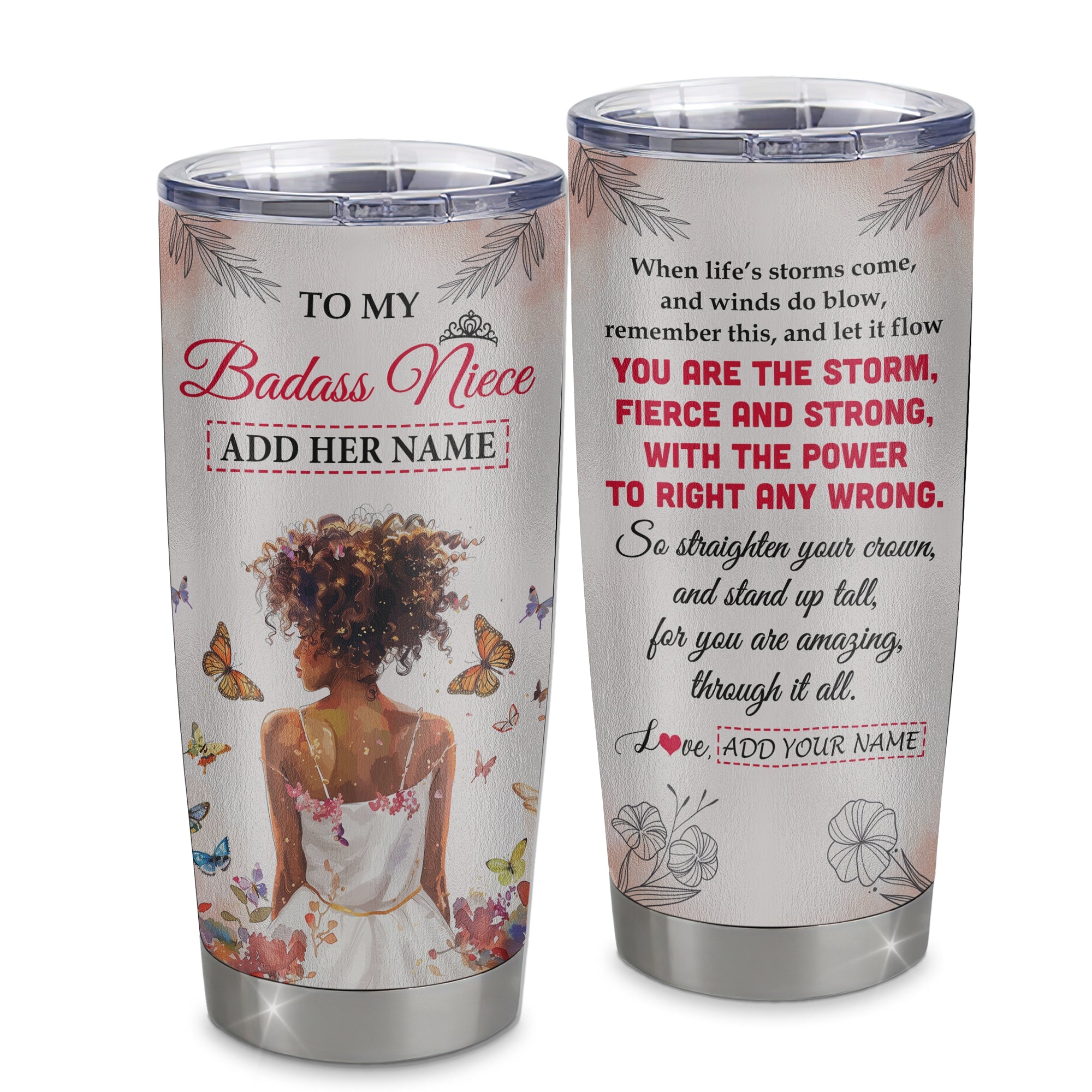 Personalized To My Badass Niece Tumbler From Uncle Aunt Auntie Floral Butterfly African Afro Girl Niece Birthday Gifts Christmas Custom Stainless Steel Travel Mug | siriusteestore