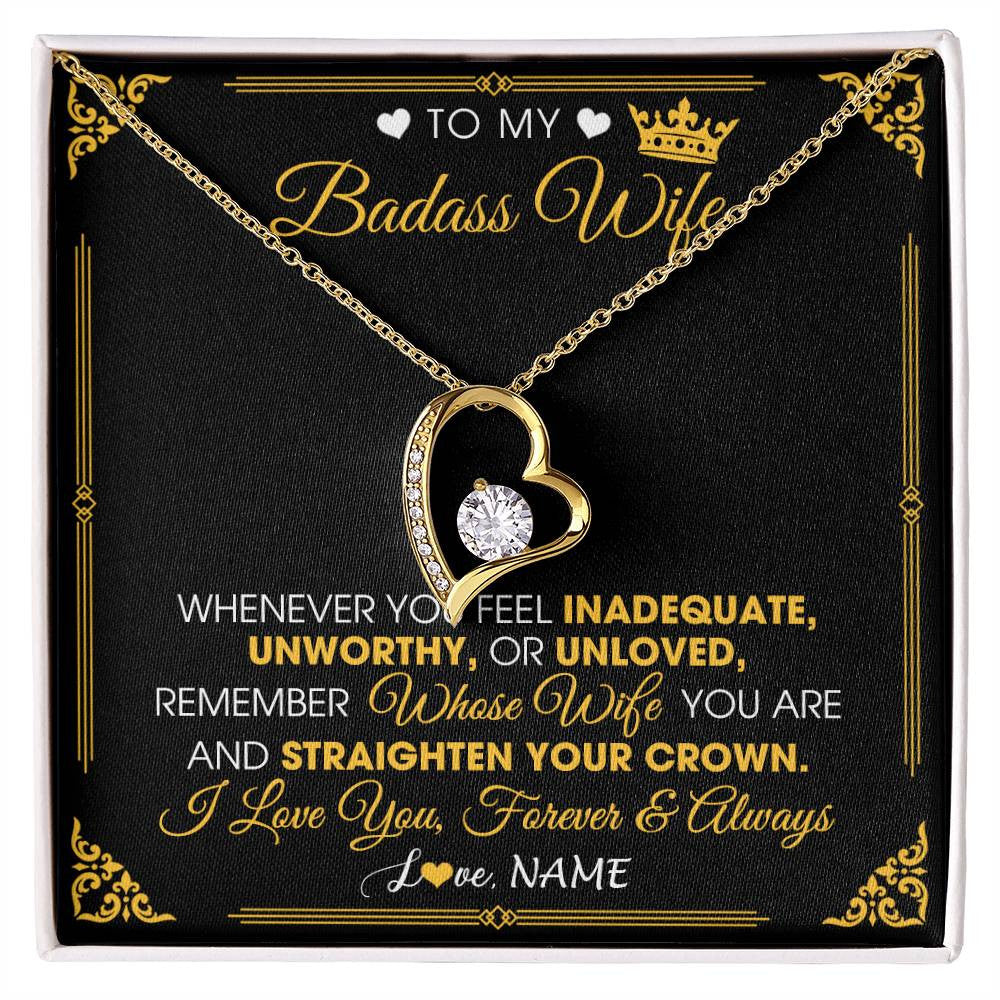 Forever Love Necklace 18K Yellow Gold Finish | 1 | Personalized To My Badass Wife Necklace From Husband Crown I Love You Wife Birthday Anniversary Wedding Valentines Day Jewelry Customized Gift Box Message Card | siriusteestore