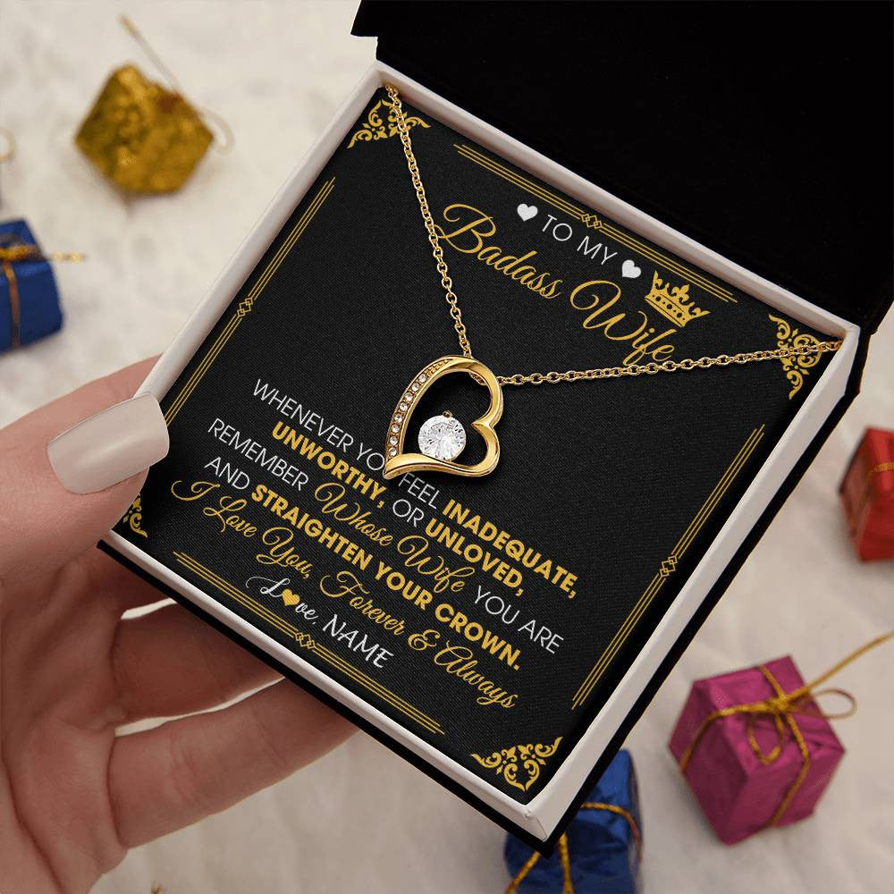 Forever Love Necklace 18K Yellow Gold Finish | 2 | Personalized To My Badass Wife Necklace From Husband Crown I Love You Wife Birthday Anniversary Wedding Valentines Day Jewelry Customized Gift Box Message Card | siriusteestore