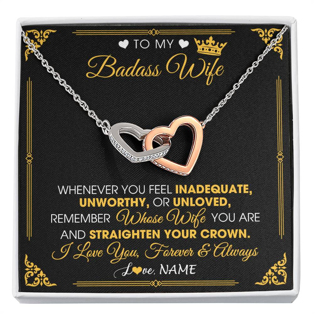 Interlocking Hearts Necklace Stainless Steel & Rose Gold Finish | 1 | Personalized To My Badass Wife Necklace From Husband Crown I Love You Wife Birthday Anniversary Wedding Valentines Day Jewelry Customized Gift Box Message Card | siriusteestore
