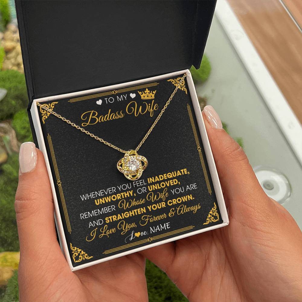 Love Knot Necklace 18K Yellow Gold Finish | 2 | Personalized To My Badass Wife Necklace From Husband Crown I Love You Wife Birthday Anniversary Wedding Valentines Day Jewelry Customized Gift Box Message Card | siriusteestore