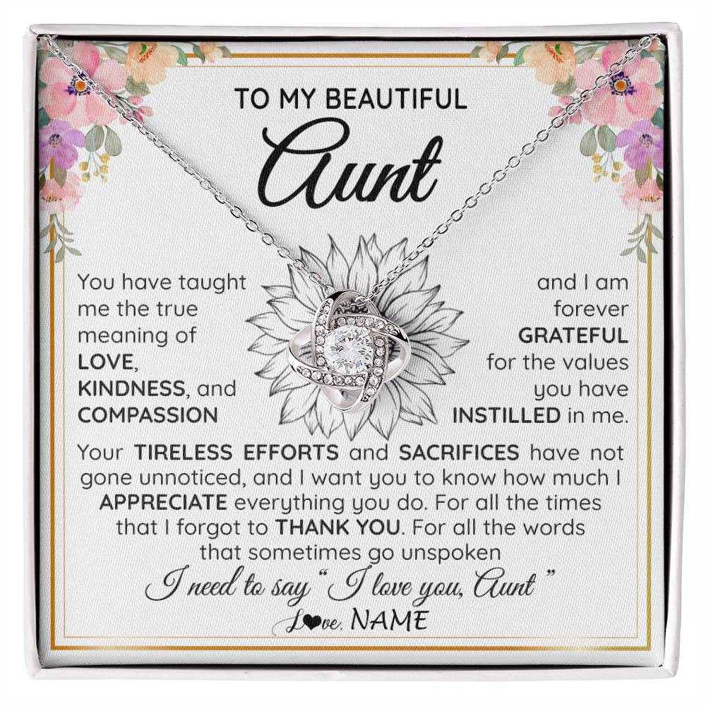 Love Knot Necklace 14K White Gold Finish | Personalized To My Beautiful Aunt From Niece Nephew Necklace Say I Love You Aunt Birthday Mothers Day Christmas Jewelry Customized Gift Box Message Card | siriusteestore