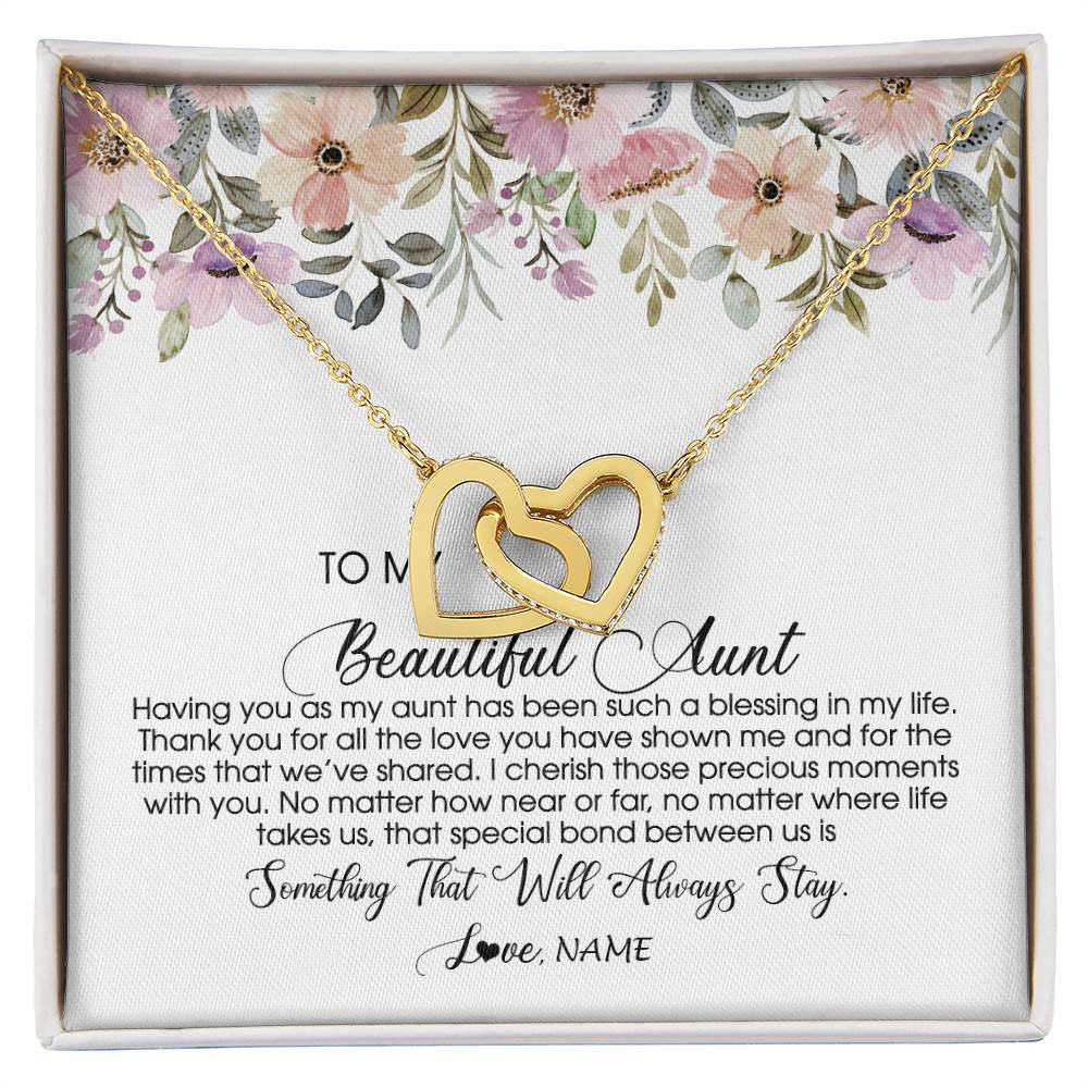 Interlocking Hearts Necklace 18K Yellow Gold Finish | Personalized To My Beautiful Aunt Necklace From Niece Nephew Having You As My Aunt Auntie Birthday Mothers Day Christmas Customized Gift Box Message Card | siriusteestore