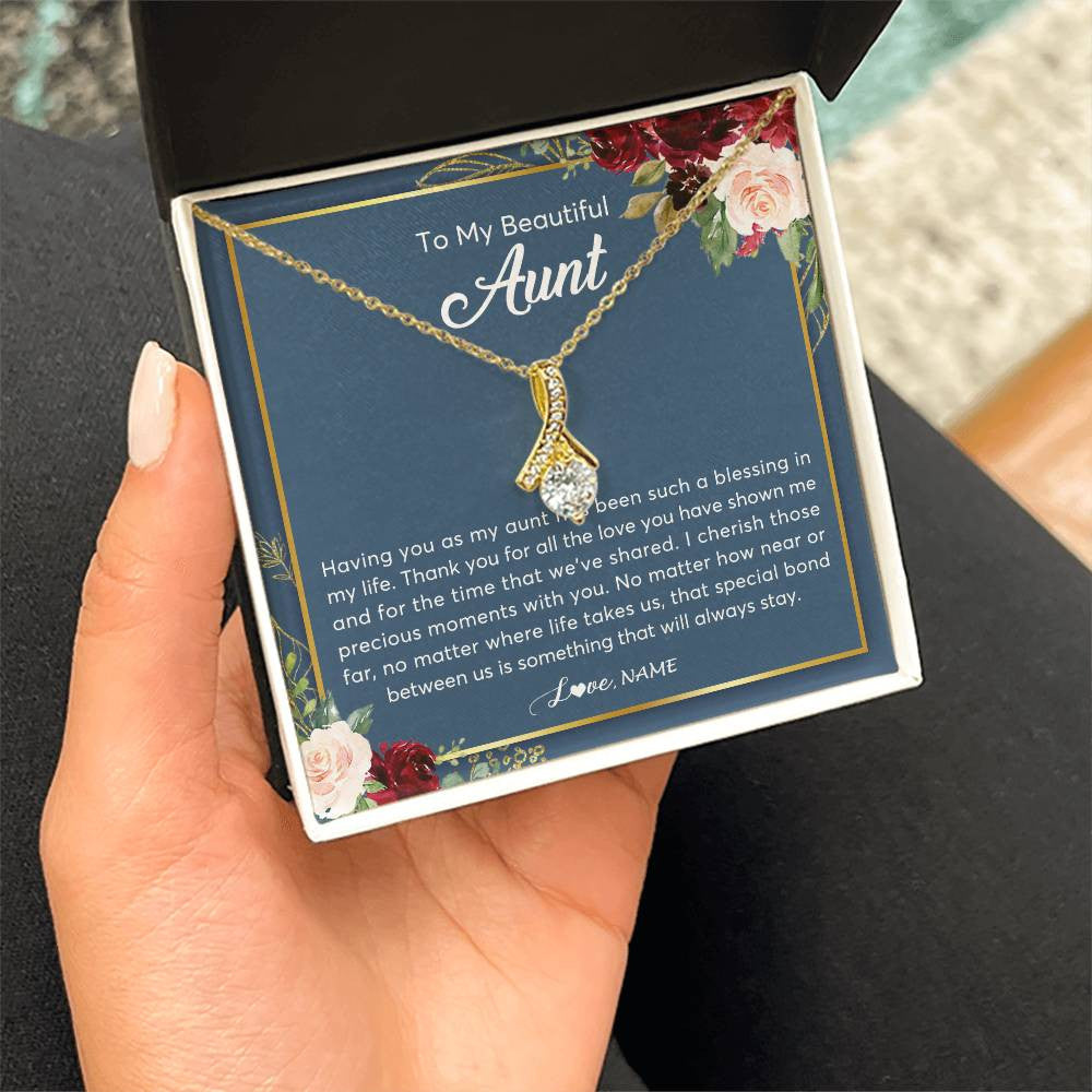Alluring Beauty Necklace 18K Yellow Gold Finish | Personalized To My Beautiful Aunt Necklace From Niece Nephew Thank You For All The Love Aunt Jewelry Birthday Christmas Customized Gift Box Message Card | siriusteestore