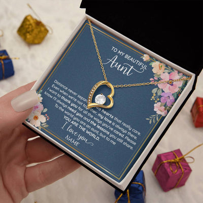 Forever Love Necklace 18K Yellow Gold Finish | 2 | Personalized To My Beautiful Aunt Necklace From Niece Nephew You Are The World Aunt Birthday Mothers Day Christmas Jewelry Customized Gift Box Message Card | siriusteestore