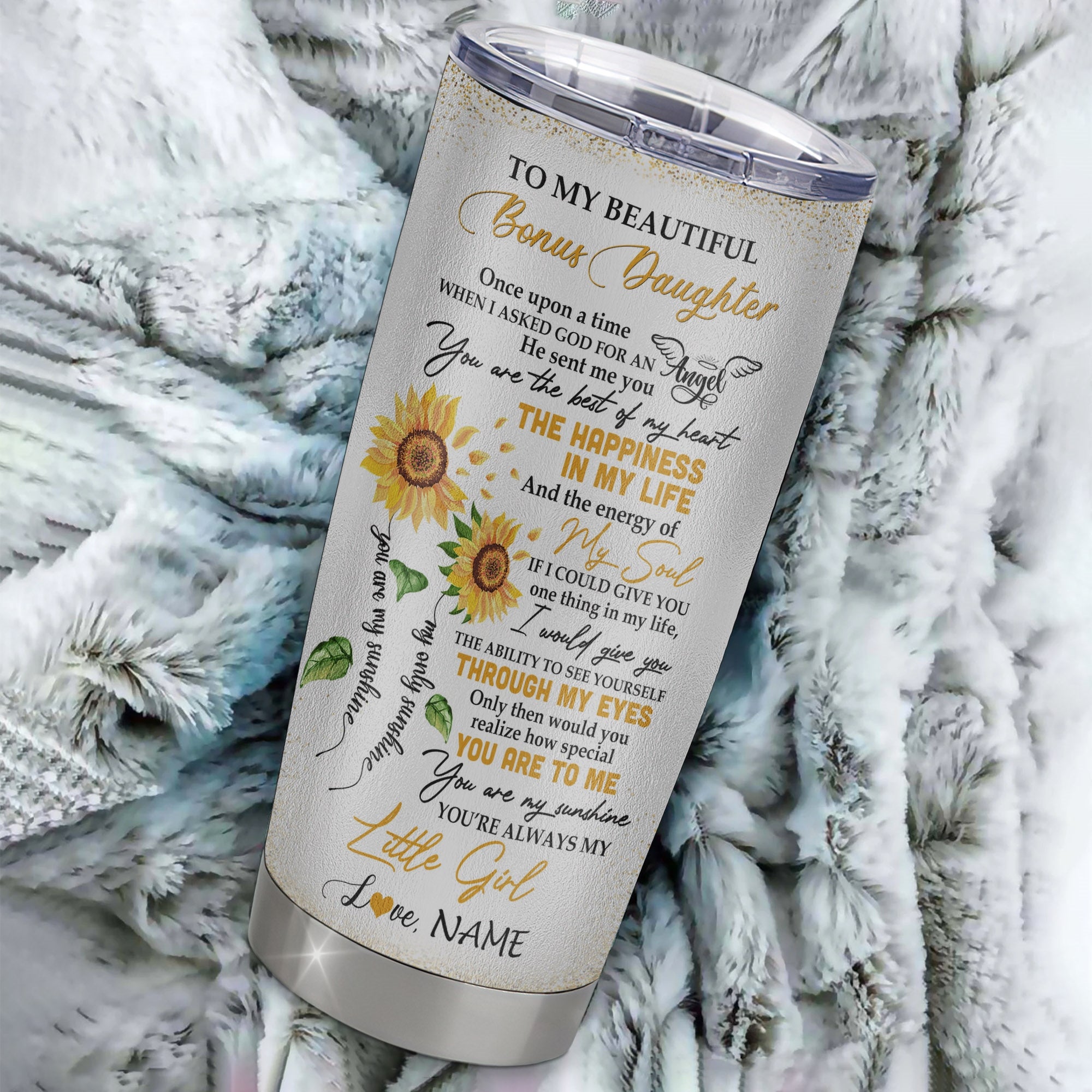 Personalized To My Beautiful Bonus Daughter From Step Mom Stainless Steel Tumbler Cup I Love You To Moon Elephant Sunflower Stepdaughter Birthday Christmas Travel Mug | siriusteestore