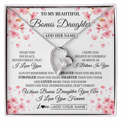 Forever Love Necklace 14K White Gold Finish | 1 | Personalized To My Beautiful Bonus Daughter From Stepdad Stepmom Necklace Never Forget Birthday Gifts For Stepdaughter Gift Christmas Gift Box Message Card | siriusteestore.myshopify