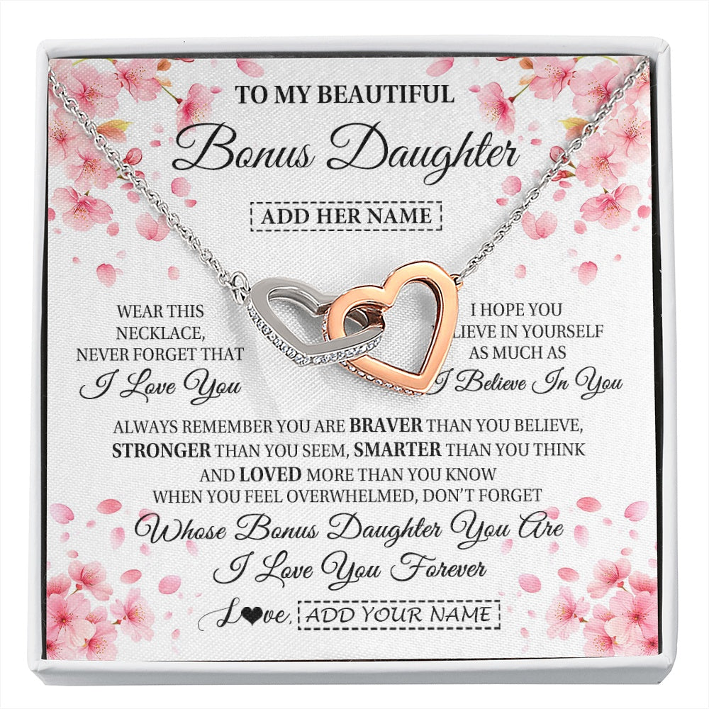 Interlocking Hearts Necklace Stainless Steel & Rose Gold Finish | 1 | Personalized To My Beautiful Bonus Daughter From Stepdad Stepmom Necklace Never Forget Birthday Gifts For Stepdaughter Gift Christmas Gift Box Message Card | siriusteestore.myshopify