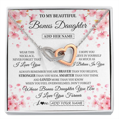Interlocking Hearts Necklace Stainless Steel & Rose Gold Finish | 1 | Personalized To My Beautiful Bonus Daughter From Stepdad Stepmom Necklace Never Forget Birthday Gifts For Stepdaughter Gift Christmas Gift Box Message Card | siriusteestore.myshopify