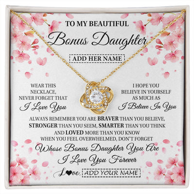 Love Knot Necklace 18K Yellow Gold Finish | 1 | Personalized To My Beautiful Bonus Daughter From Stepdad Stepmom Necklace Never Forget Birthday Gifts For Stepdaughter Gift Christmas Gift Box Message Card | siriusteestore.myshopify
