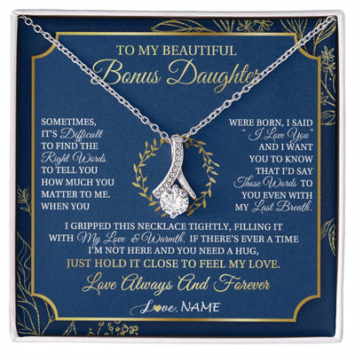 Alluring Beauty Necklace 14K White Gold Finish | 1 | Personalized To My Beautiful Bonus Daughter From Stepmom Dad I Gripped This Necklace Jewelry Birthday Gifts Christmas Customized Gift Box Message Card | siriusteestore