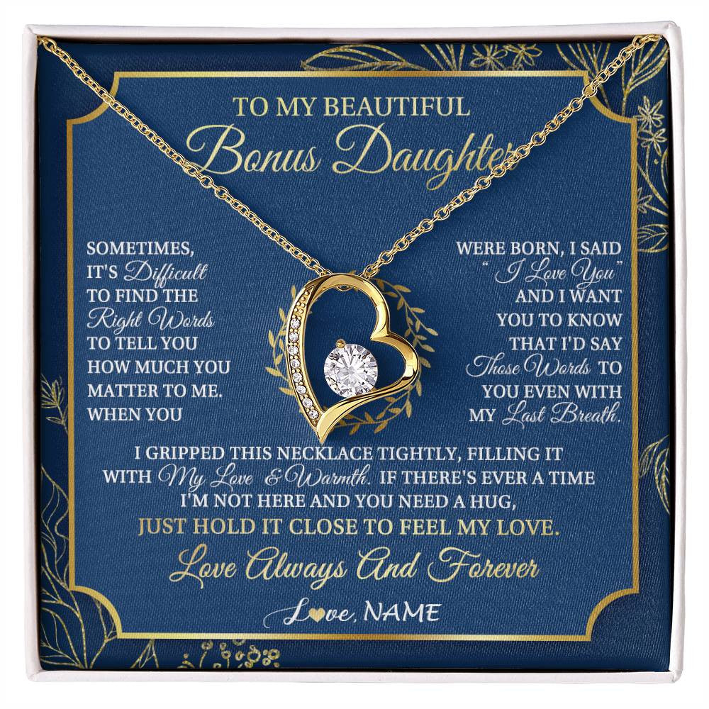 Forever Love Necklace 18K Yellow Gold Finish | 1 | Personalized To My Beautiful Bonus Daughter From Stepmom Dad I Gripped This Necklace Jewelry Birthday Gifts Christmas Customized Gift Box Message Card | siriusteestore