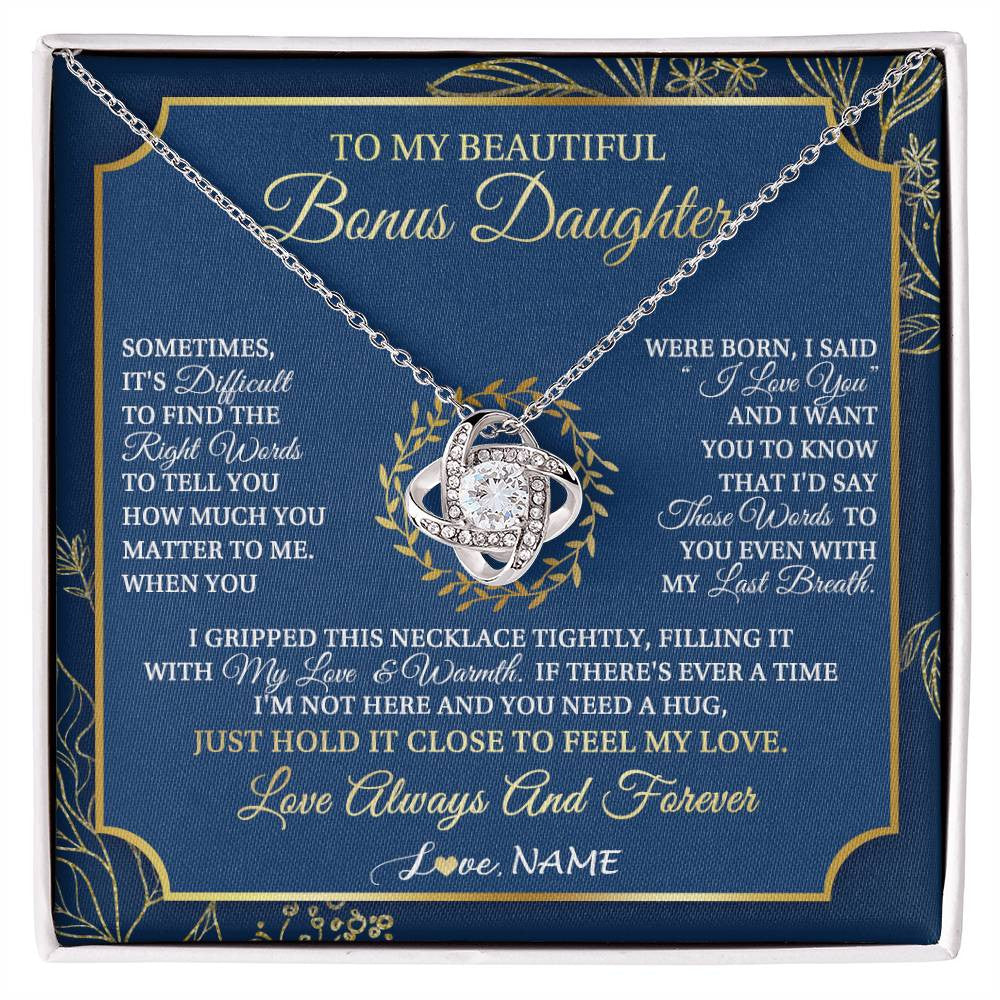 Love Knot Necklace 14K White Gold Finish | 1 | Personalized To My Beautiful Bonus Daughter From Stepmom Dad I Gripped This Necklace Jewelry Birthday Gifts Christmas Customized Gift Box Message Card | siriusteestore