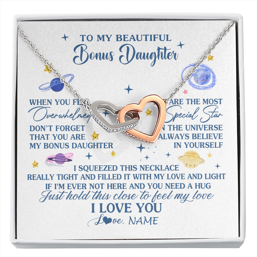 Interlocking Hearts Necklace Stainless Steel & Rose Gold Finish | 1 | Personalized To My Beautiful Bonus Daughter Gifs From Bonus Mom Necklace Inspirational Stepddaughter Birthday Gifts Christmas Customized Gift Box Message Card | siriusteestore