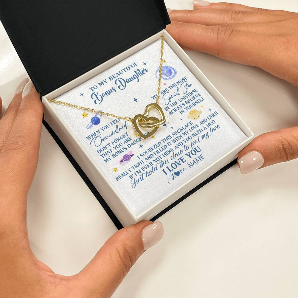 Interlocking Hearts Necklace 18K Yellow Gold Finish | 2 | Personalized To My Beautiful Bonus Daughter Gifs From Bonus Mom Necklace Inspirational Stepddaughter Birthday Gifts Christmas Customized Gift Box Message Card | siriusteestore
