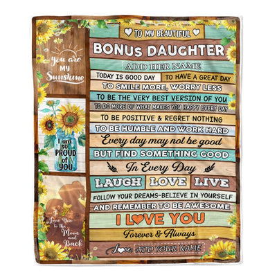 Personalized To My Beautiful Bonus Daughter Gifts Blanket From Stepmother Wood Sunflower Gifts For Stepdaughter Birthday Christmas Customized Fleece Blanket | siriusteestore