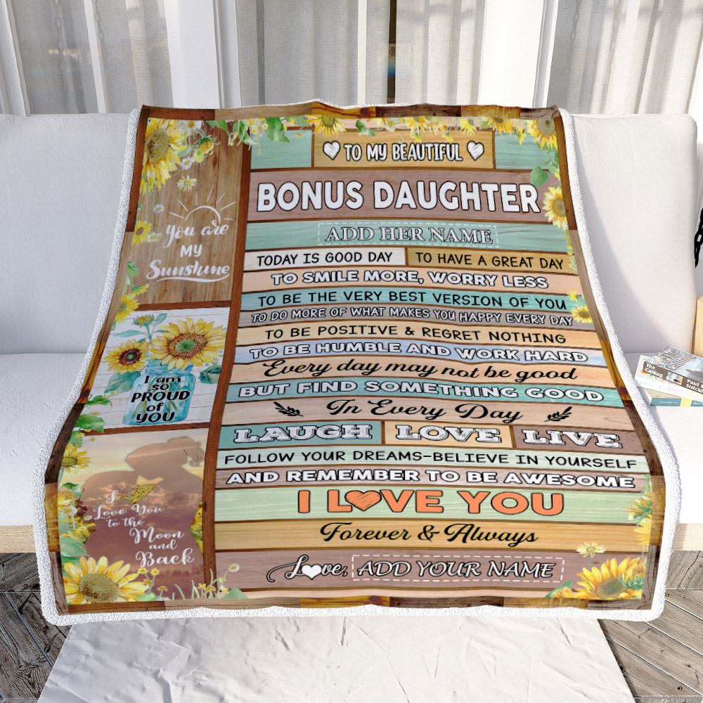 Personalized To My Beautiful Bonus Daughter Gifts Blanket From Stepmother Wood Sunflower Gifts For Stepdaughter Birthday Christmas Customized Fleece Blanket | siriusteestore