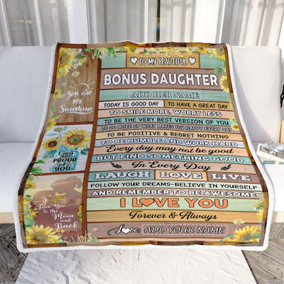 Personalized To My Beautiful Bonus Daughter Gifts Blanket From Stepmother Wood Sunflower Gifts For Stepdaughter Birthday Christmas Customized Fleece Blanket | siriusteestore