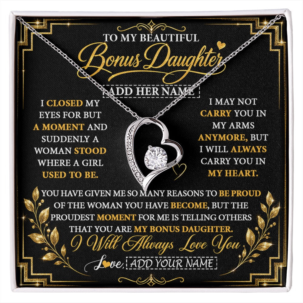 Forever Love Necklace 14K White Gold Finish | 1 | Personalized To My Beautiful Bonus Daughter Gifts From Dad Mom Pendant Necklace I Close My Eyes Birthday Gifts Christmas Graduation Gift Box Message Card | https://siriusteestore.