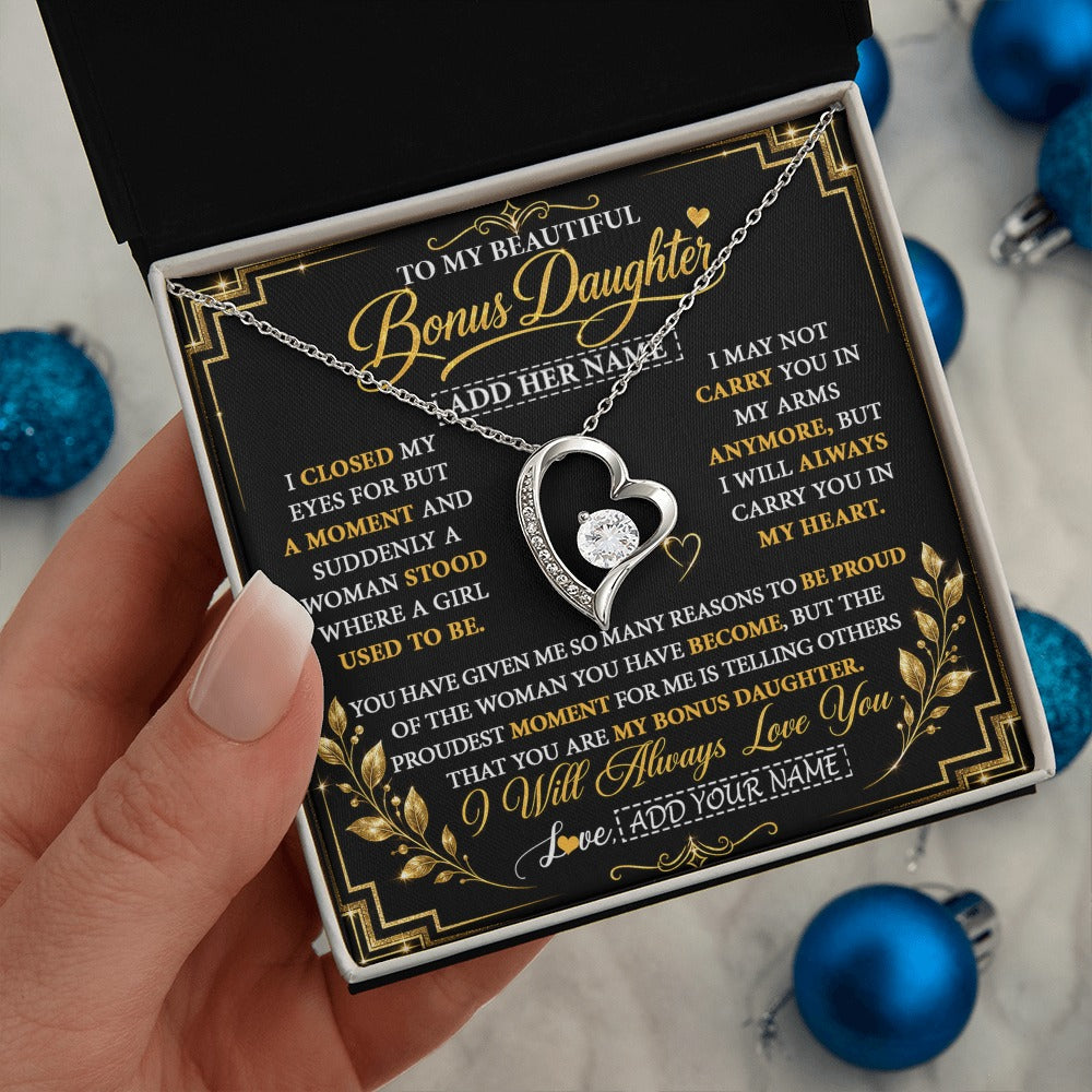 Forever Love Necklace 14K White Gold Finish | 2 | Personalized To My Beautiful Bonus Daughter Gifts From Dad Mom Pendant Necklace I Close My Eyes Birthday Gifts Christmas Graduation Gift Box Message Card | https://siriusteestore.