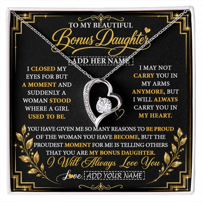 Forever Love Necklace 14K White Gold Finish | 1 | Personalized To My Beautiful Bonus Daughter Gifts From Dad Mom Pendant Necklace I Close My Eyes Birthday Gifts Christmas Graduation Gift Box Message Card | https://siriusteestore.