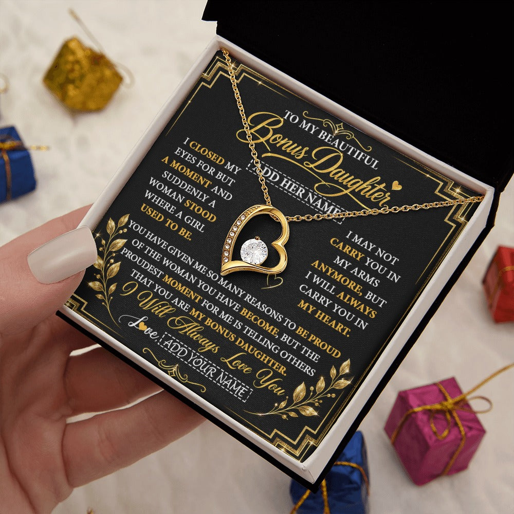 Forever Love Necklace 18K Yellow Gold Finish | 2 | Personalized To My Beautiful Bonus Daughter Gifts From Dad Mom Pendant Necklace I Close My Eyes Birthday Gifts Christmas Graduation Gift Box Message Card | https://siriusteestore.