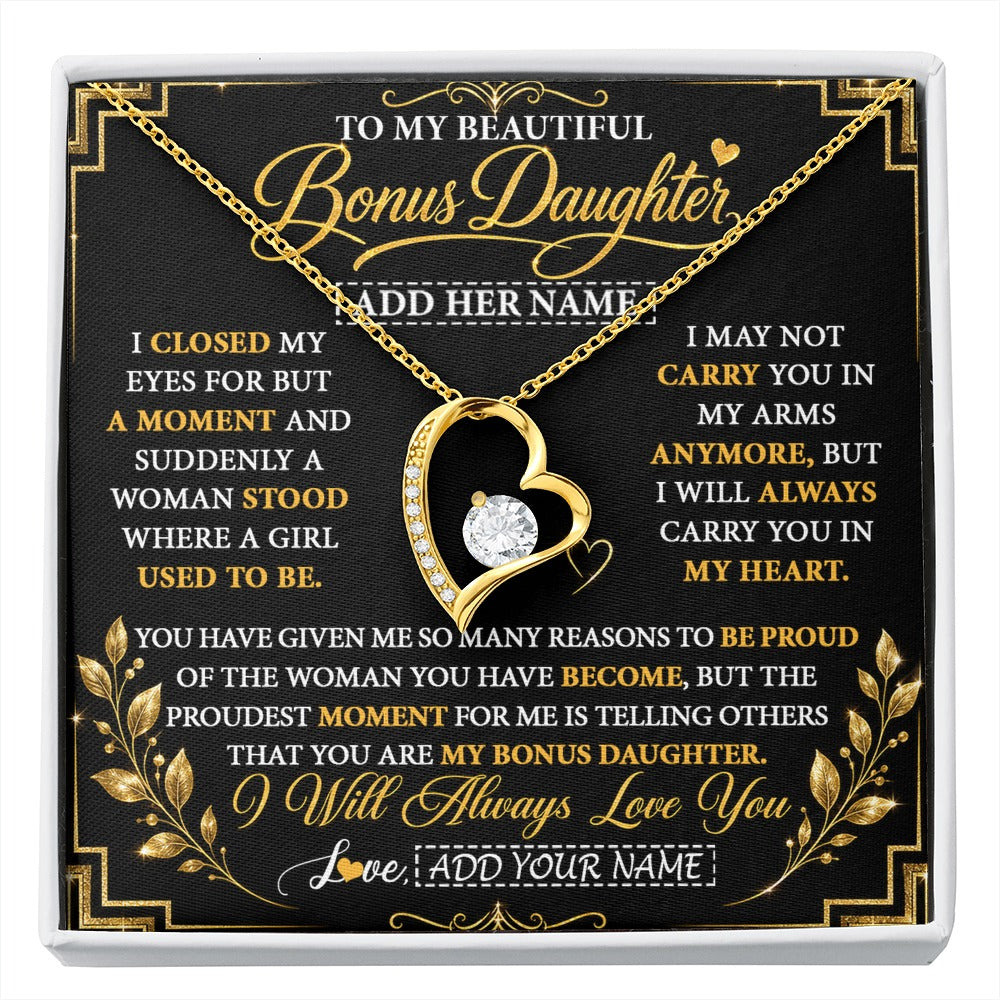 Forever Love Necklace 18K Yellow Gold Finish | 1 | Personalized To My Beautiful Bonus Daughter Gifts From Dad Mom Pendant Necklace I Close My Eyes Birthday Gifts Christmas Graduation Gift Box Message Card | https://siriusteestore.